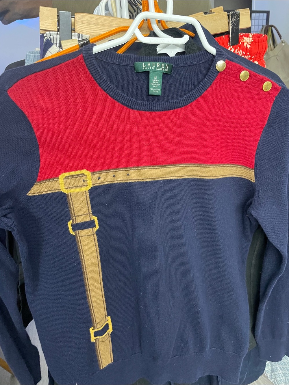 Polo by Ralph Lauren Navy, Red and Tan Knit Sweater with Buckle Graphic